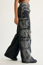 Black Acid-Wash Layered-Waist Distressed Cargo Jeans