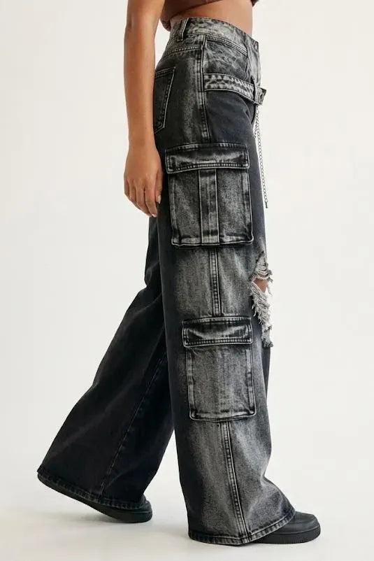 Black Acid-Wash Layered-Waist Distressed Cargo Jeans