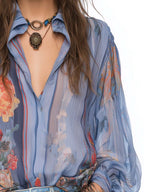 Collared Button Down Puff Long Sleeve Crinkled Sheer Chiffon Vintage Floral Print Blouse