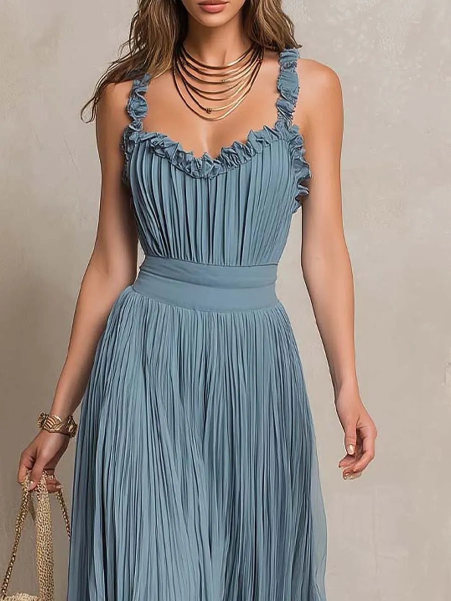 Elegant Ruffled Strap Pleated Midi Dress