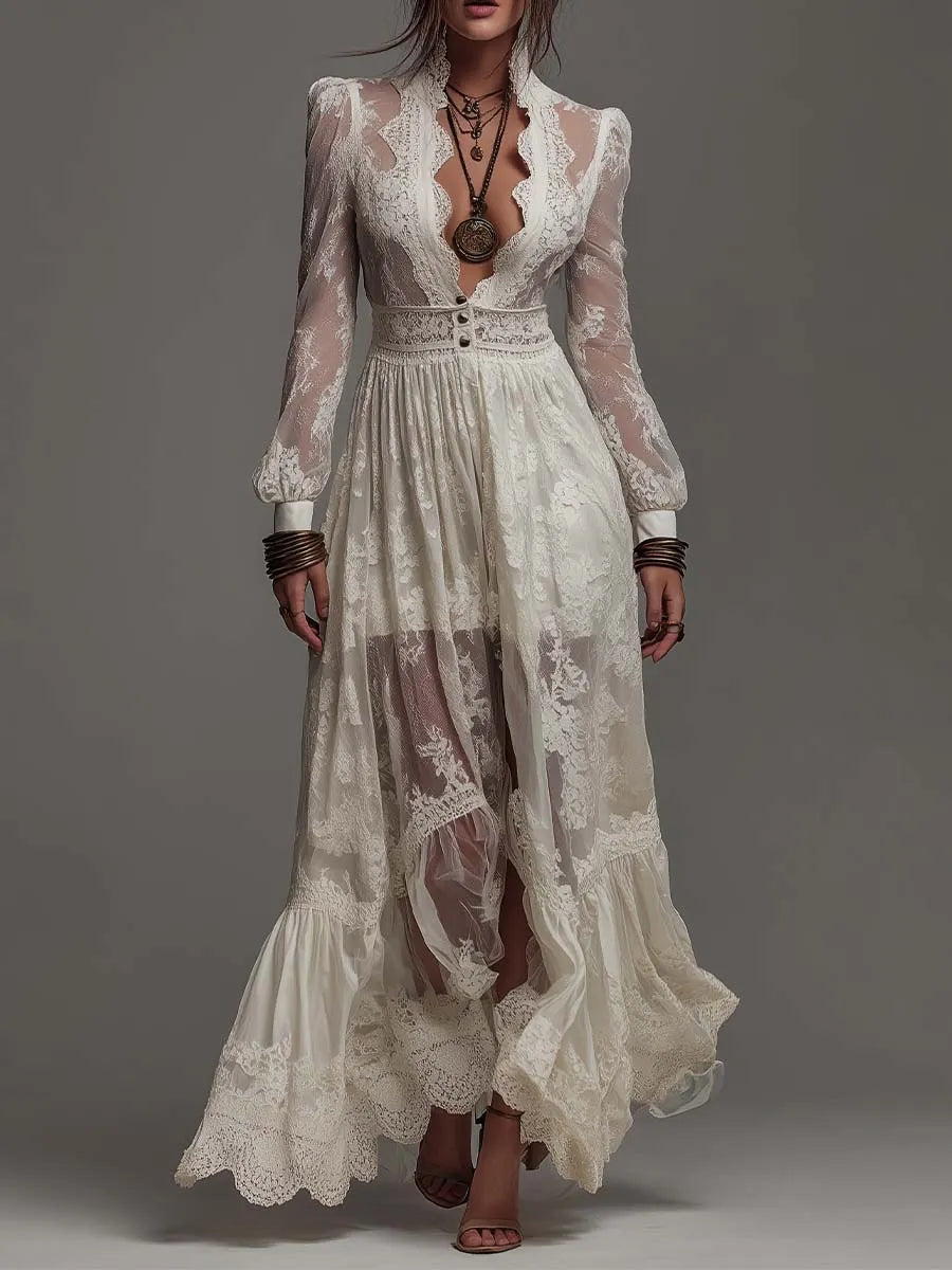 Romantic Bohemian Stand V Collar Puff Long Sleeve Button Waist Ruffle Hem Sheer Floral Lace Chiffon Maxi Dress