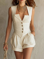Elegant Ivory Slim Fit Vest Pleated Shorts Set