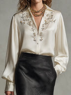 Luxe Cream Satin Embellished Blouse & Black Jacquard Midi Skirt Set