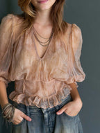 Boho Sheer Floral Deep V Puff Sleeve Ruffle Hem Blouse