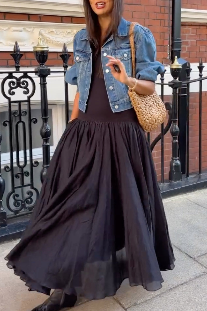 Cropped Denim Jacket & Flowing Maxi Dress Set