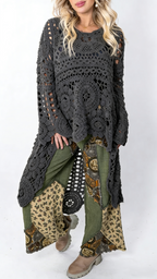 Women Round Neck Printed Hollow Out Casual Long Top