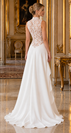 Ivory Lace & Satin Draped Evening Gown