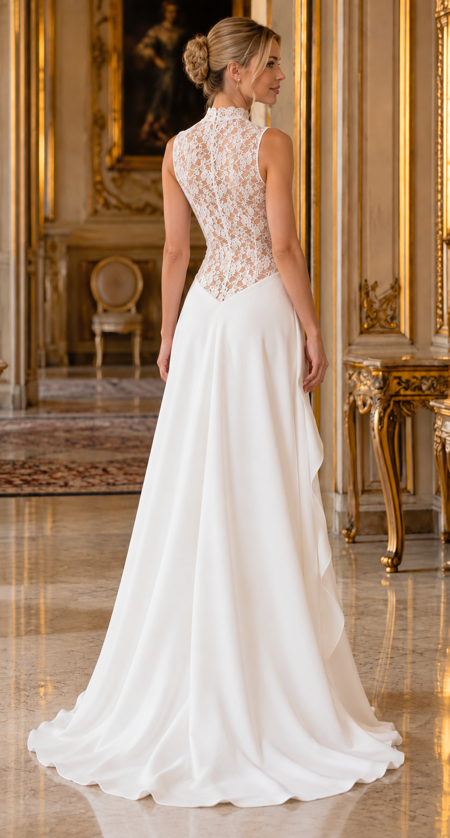 Ivory Lace & Satin Draped Evening Gown