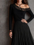 Boho Romantic Black Lace Trim One Shoulder Knit Midi Dress With Swing Chiffon Skirt