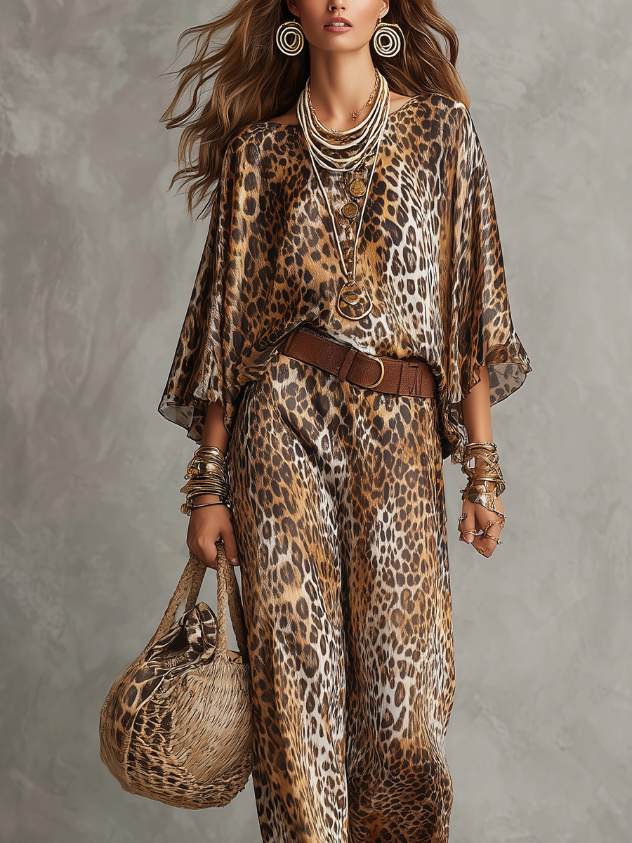 Bohemian Leopard Print Batwing Sleeve Suit