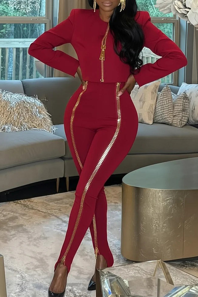 Gold-Zip Cropped Top & Stirrup Pants Set