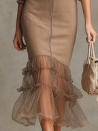 Boho Collared Zip Front Pocket Tulle Ruffle Midi Bodycon Dress
