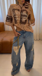 Lace Graphic Top & Distressed Wide-Leg Jeans Set