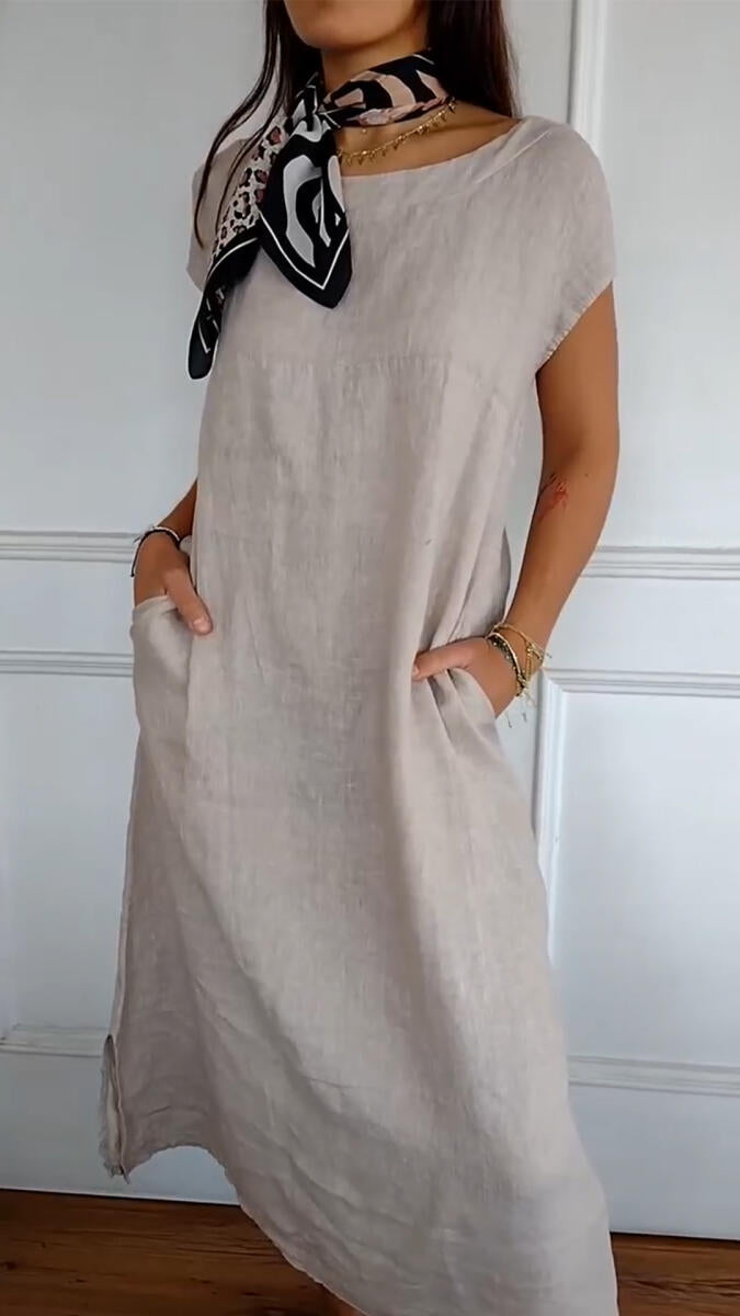 Women's Round Neck Loose Casual Cotton and Linen Dress