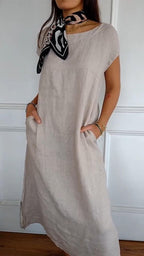 Women's Round Neck Loose Casual Cotton and Linen Dress