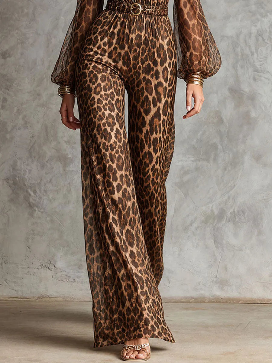 Retro Elegant Leopard Print Halter Cold Shoulder Jumpsuit