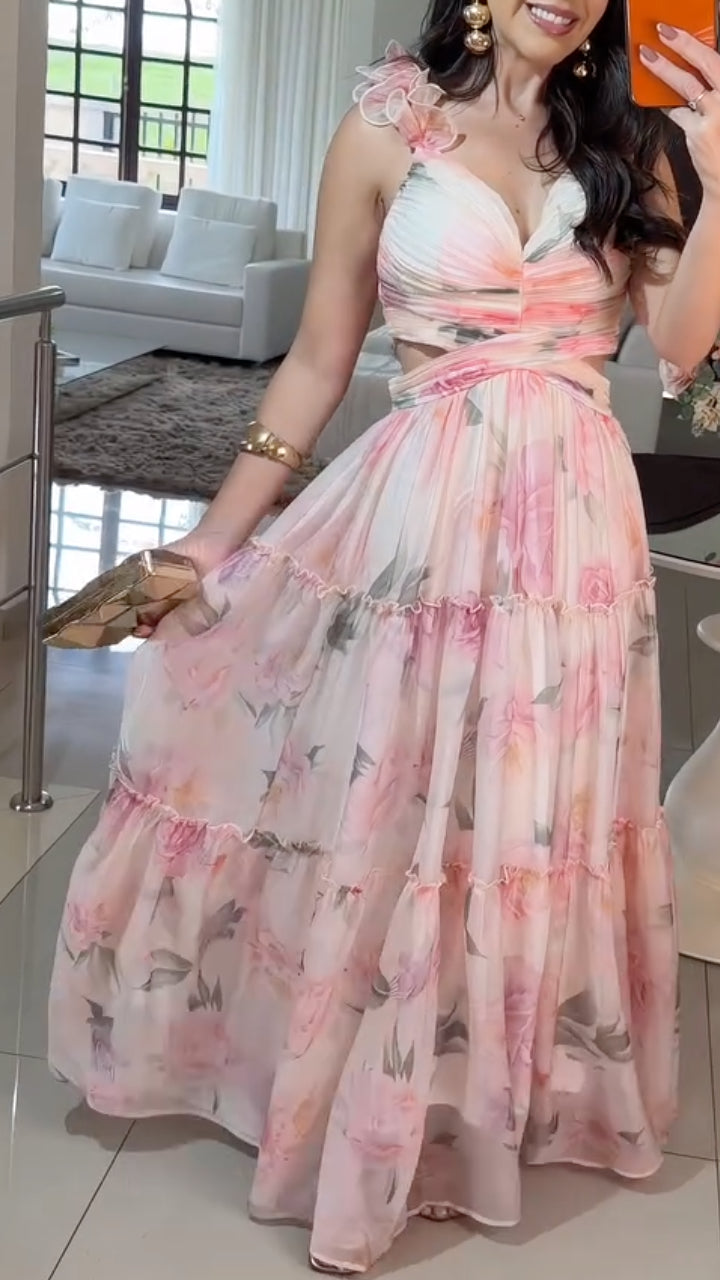 Floral Cutout Tiered Chiffon Maxi Dress