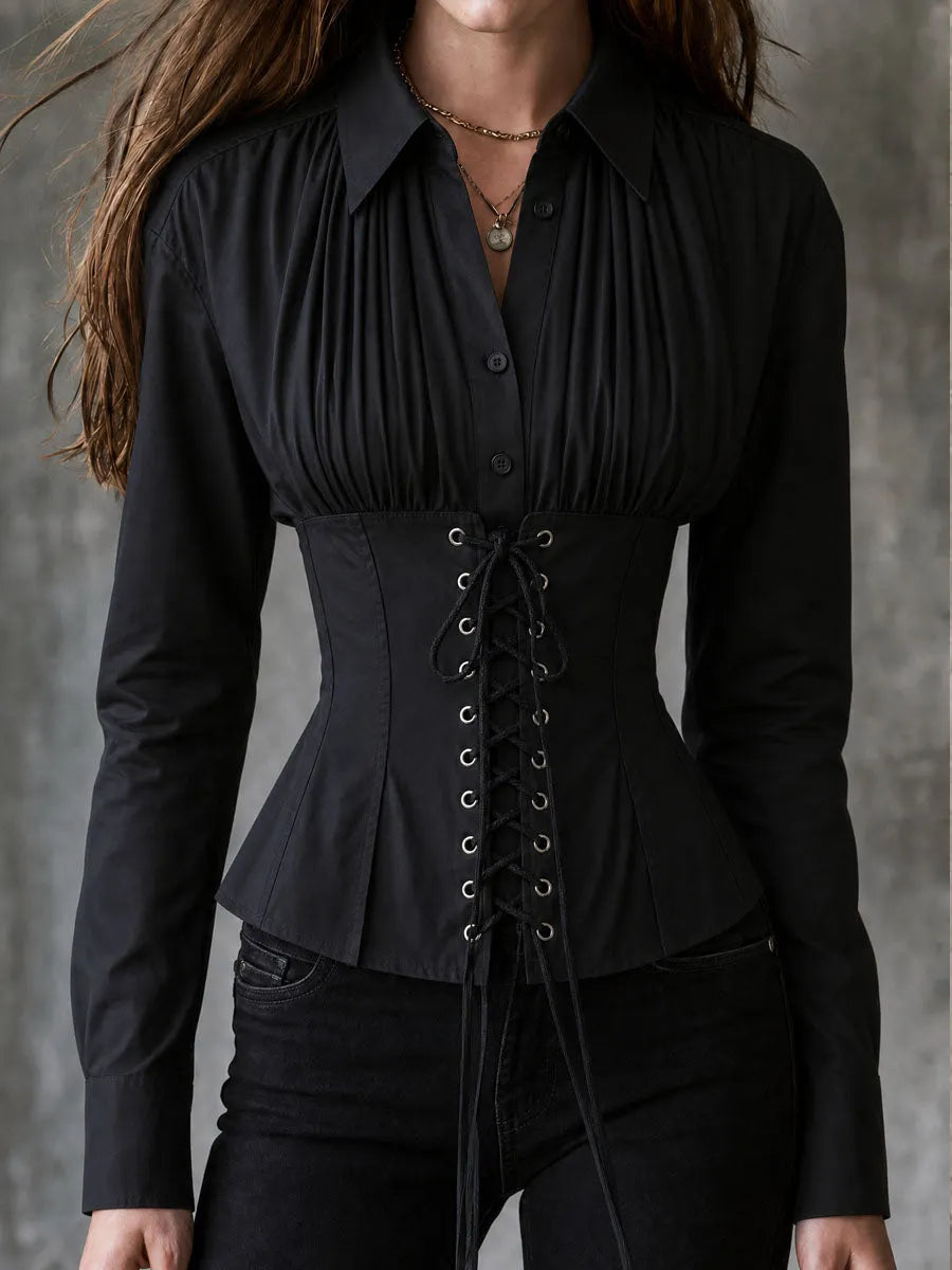 Vintage Black Collar Pleated Front Lace-Up Corset Shirt