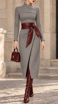 Leather-Sash Tailored Wrap Midi Dress