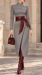 Leather-Sash Tailored Wrap Midi Dress