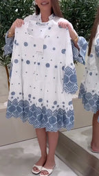 White Blue Embroidery Tiered Shirt Dress