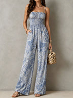 Boho Dusty Blue Paisley Print Smocked Bodice Jumpsuit With Wide-Leg