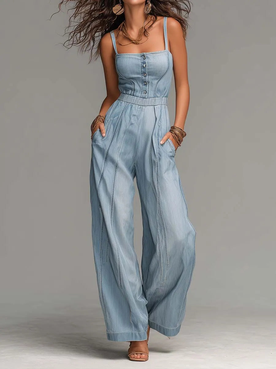 Boho Spaghetti Strap Denim Wide Leg Jumpsuit