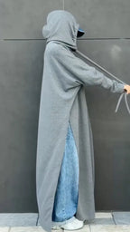 Gray Oversized Hooded Side-Slit Maxi Sweatshirt