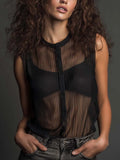 Vintage Vertical Striped Sheer Crew Neck Button Front Sleeveless Tank