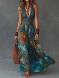 Bohemian Halter Lace Watercolor Print Maxi Dress