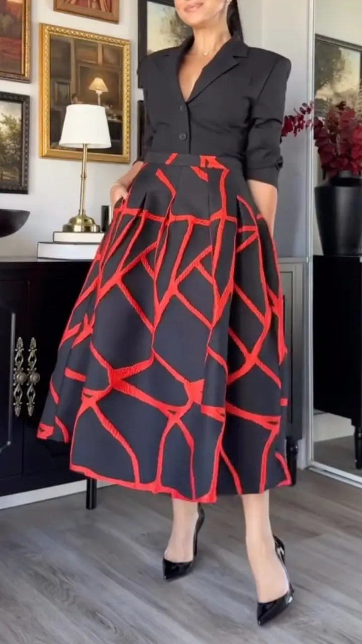 Black Tailored Blazer & Red Graphic Midi Skirt Set