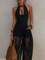 Boho Halter Neck Shirred & Lace-Paneled Balloon Jumpsuit
