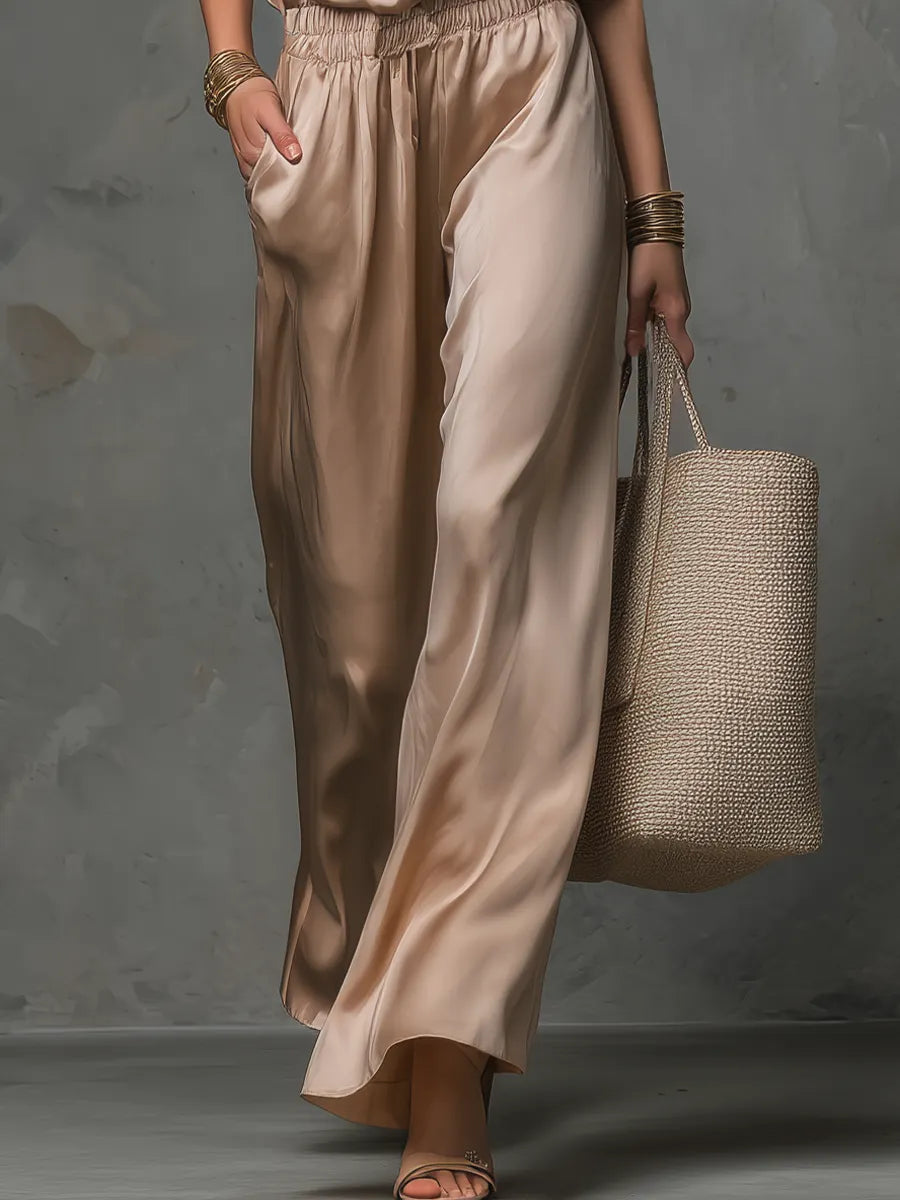 Sleek Satin Halter Cold-Shoulder Two-Piece Set