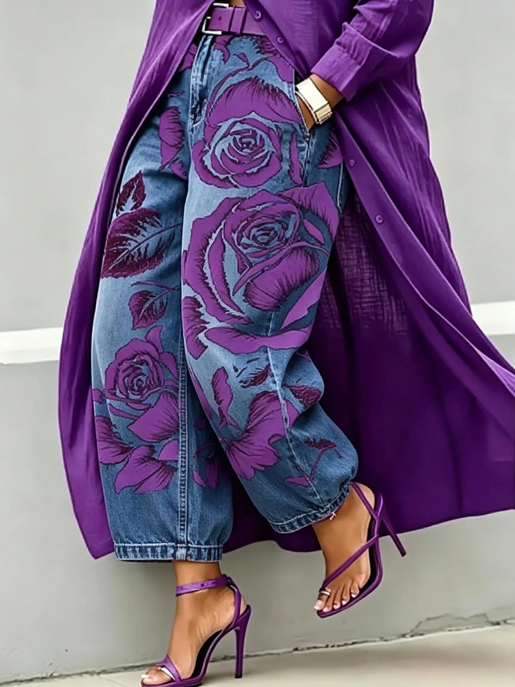 Purple Rose Print Balloon Jeans
