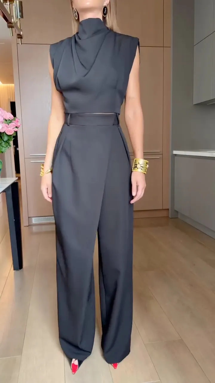 Tailored Blazer Draped Top & Wrap-Panel Pants Set