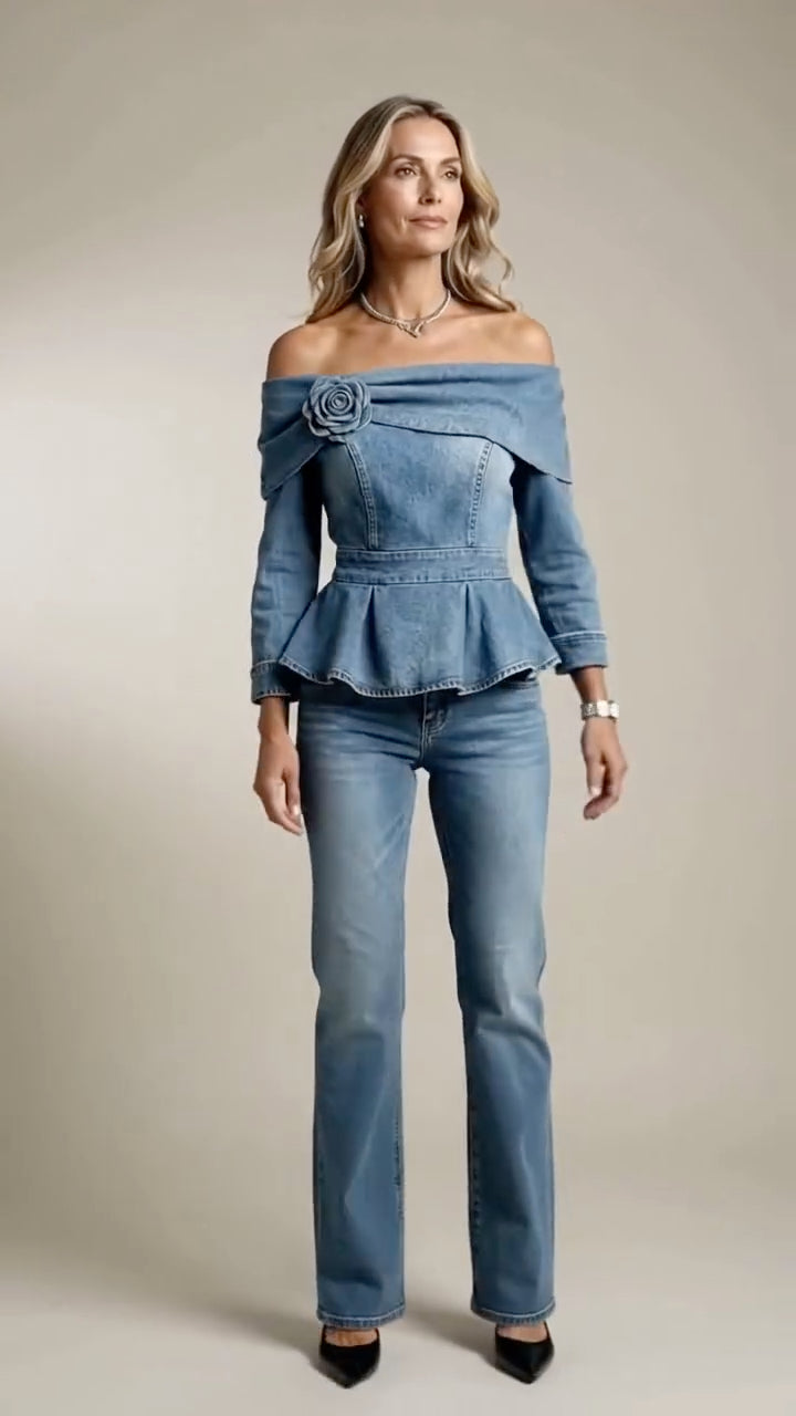Denim Rose Off-Shoulder Peplum Top