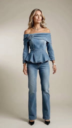 Denim Rose Off-Shoulder Peplum Top