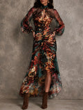 Vintage Floral Chiffon Keyhole Neck Ruched High Low Midi Dress