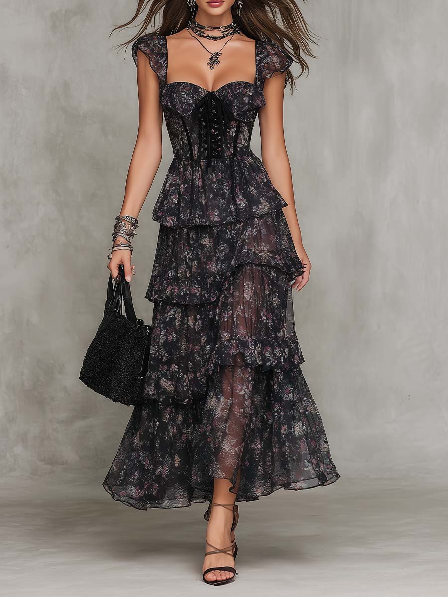 Gothic Floral Corset Tiered Chiffon Midi Dress