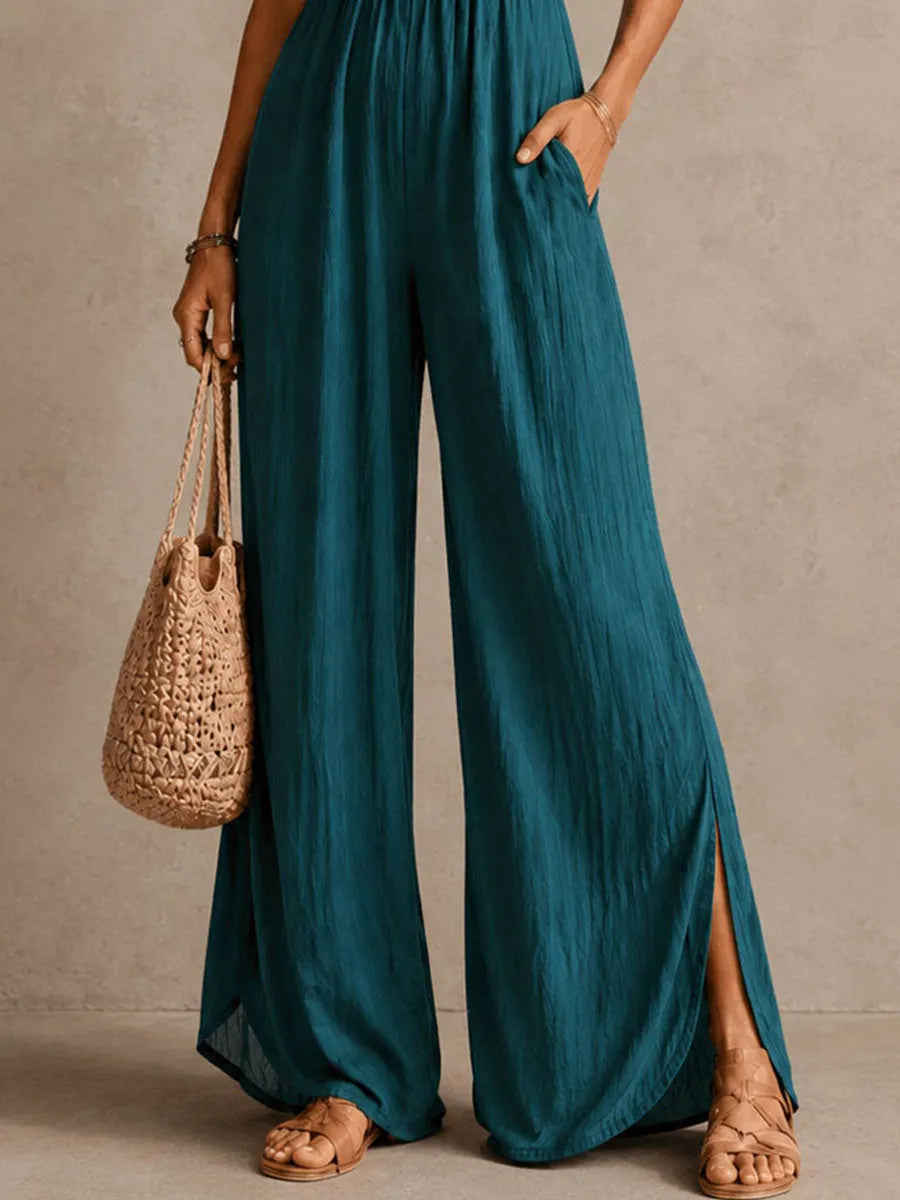 Boho Teal Lace-Trimmed Wide-Leg Jumpsuit