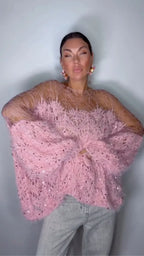 Pink Sheer Open-Knit Sparkle Bell-Sleeve Top