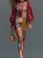 Boho Patchwork Corset Bishop Sleeve Midi Dress