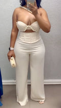 Ivory Pearl-Trim Cutout Corset Wide-Leg Set