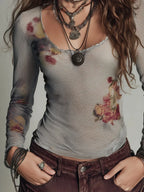 Retro Printed Mesh Slim-Fit Long-Sleeve U-Neck T-Shirt