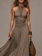 Halter-neck Striped Tank Top & Ruffled-hem Maxi Skirt Set