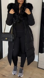 Black Plush-Collar Longline Puffer Coat