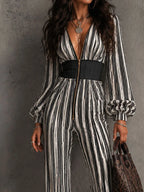 Retro Elegant Striped Corset Waist Zipper Flared Jumpsuit