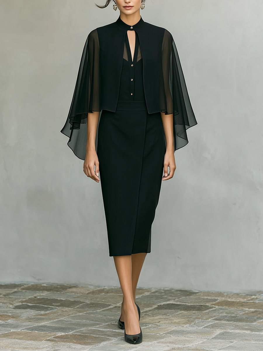 Women's Black Crepe & Chiffon Two-Piece Set With Cape Overlay & Midi Dress, Timeless Formal-Elegant Style Set MDZ1418D7LYL