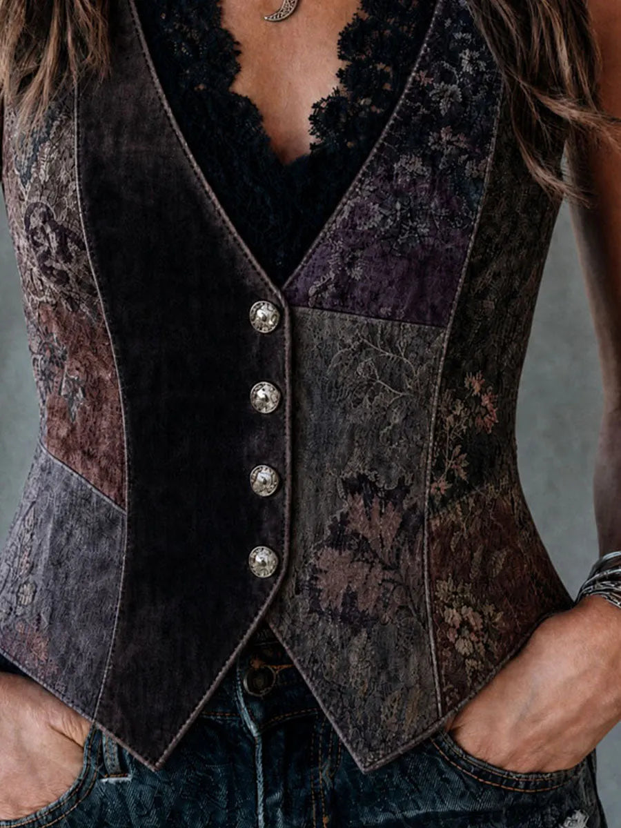 Boho Floral Patchwork Print Velvet Button Vest