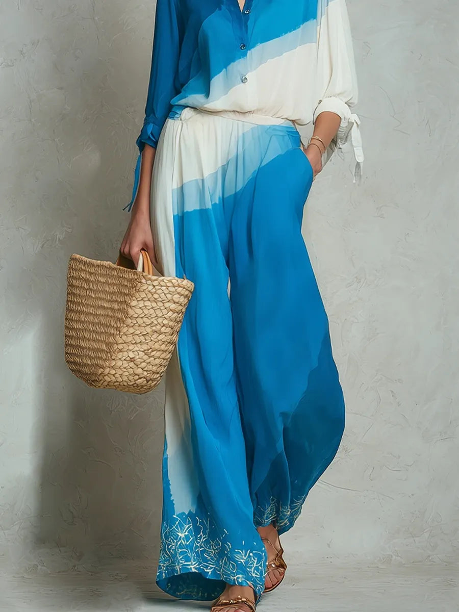 Casual Blue And White Gradient Shirt And Wide Leg Pants Suit